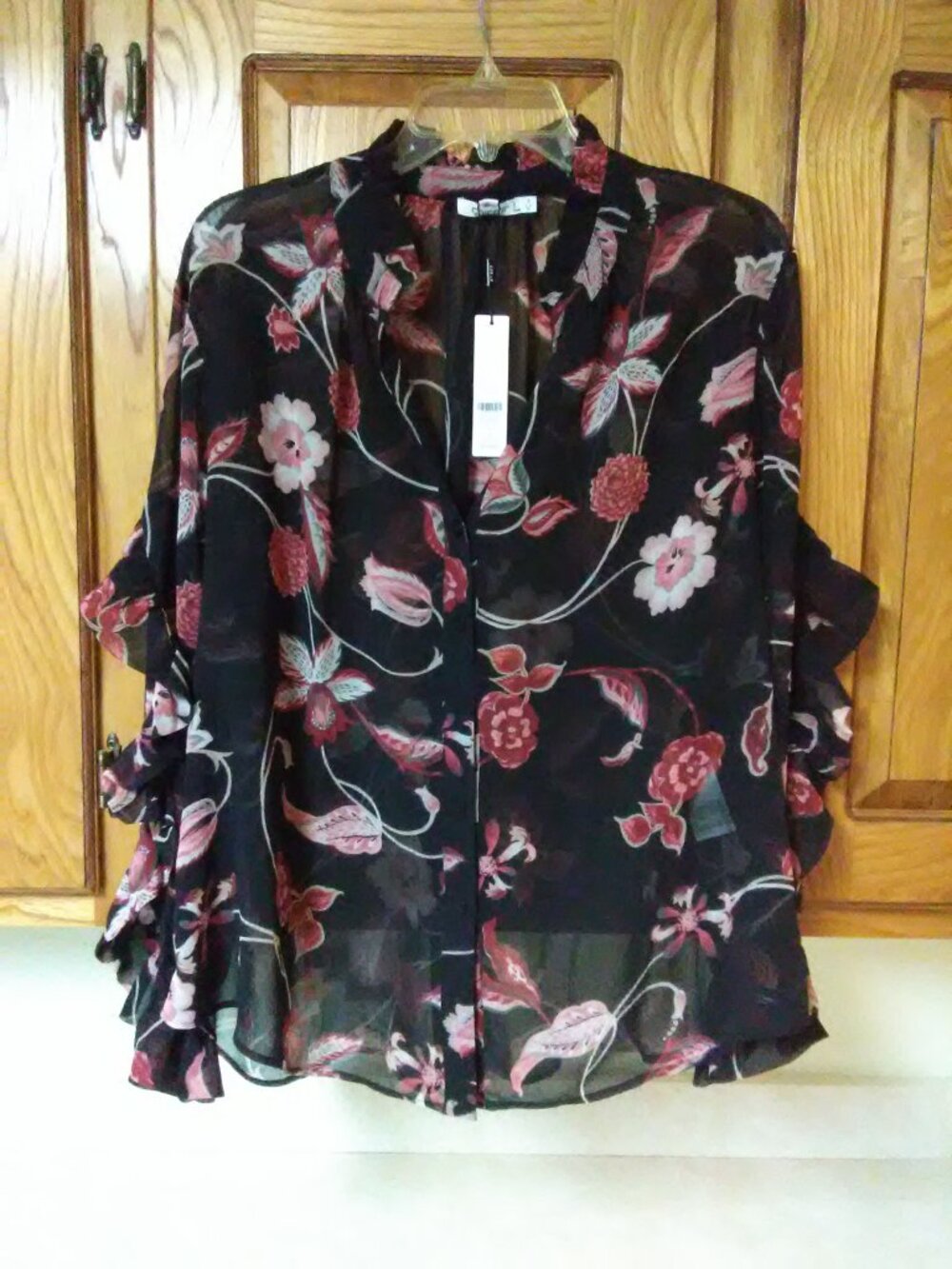 georgette ruffled sleeve celtic bloom bouse - nwt - sheer - sz US 16 or Chicos 3
